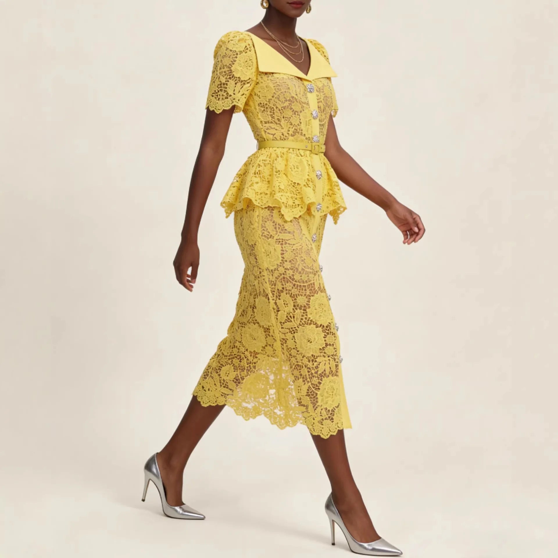 Marivelle™ Dress with Floral Lace, Peplum and Ornamental Buttons