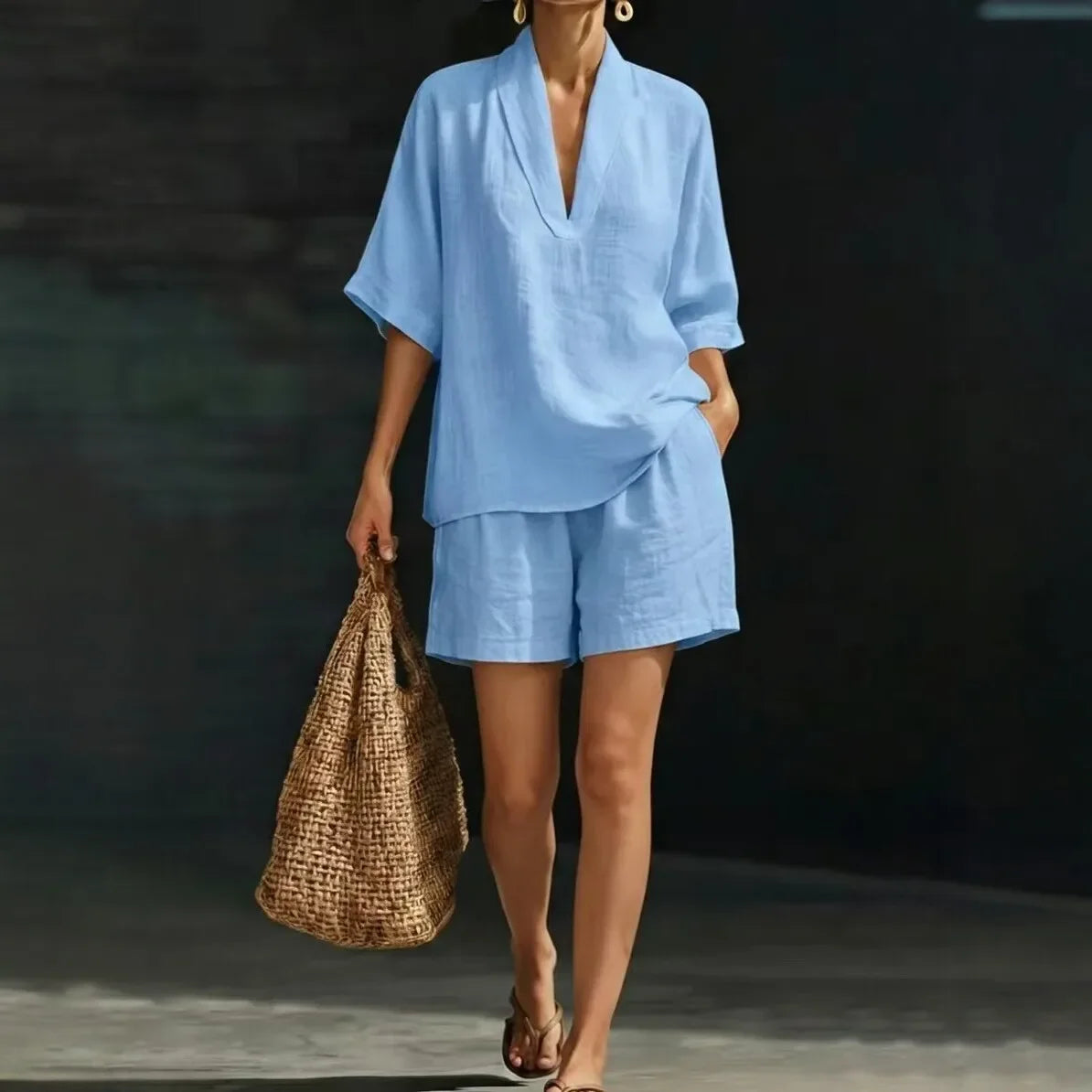 Ayla™ Cotton-Linen Set with V-Neck Blouse
