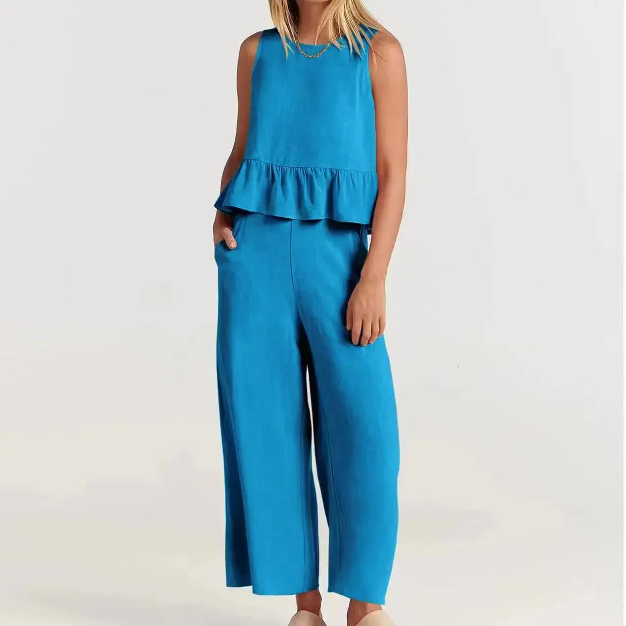 Agatha™ Mixed Linen Set with Ruffles and Wide-Leg Pants / Elegant Minimalism for Stylish Women!
