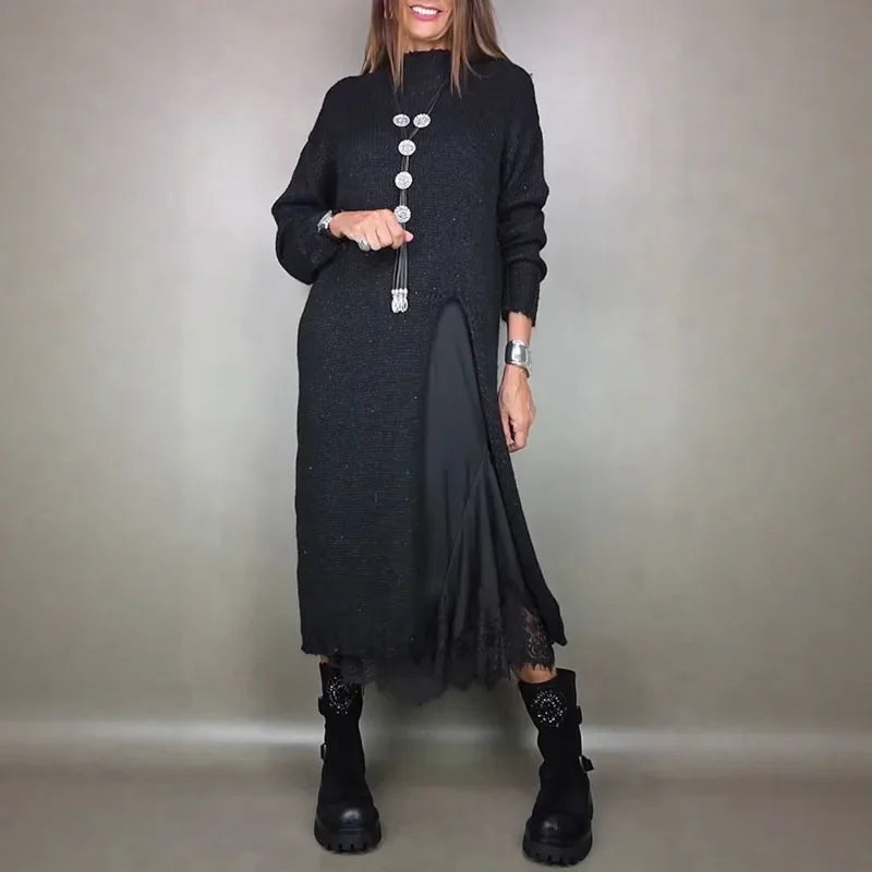 Valérie™ Set with Charming Satin Dress and Long Handcrafted Knit Sweater