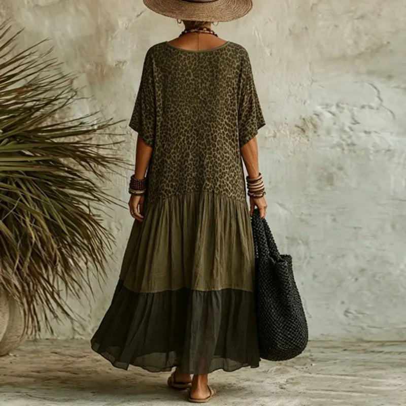 Dress Arden™ with a Deep V-Neck, Leopard Bodice and Tiered Skirt