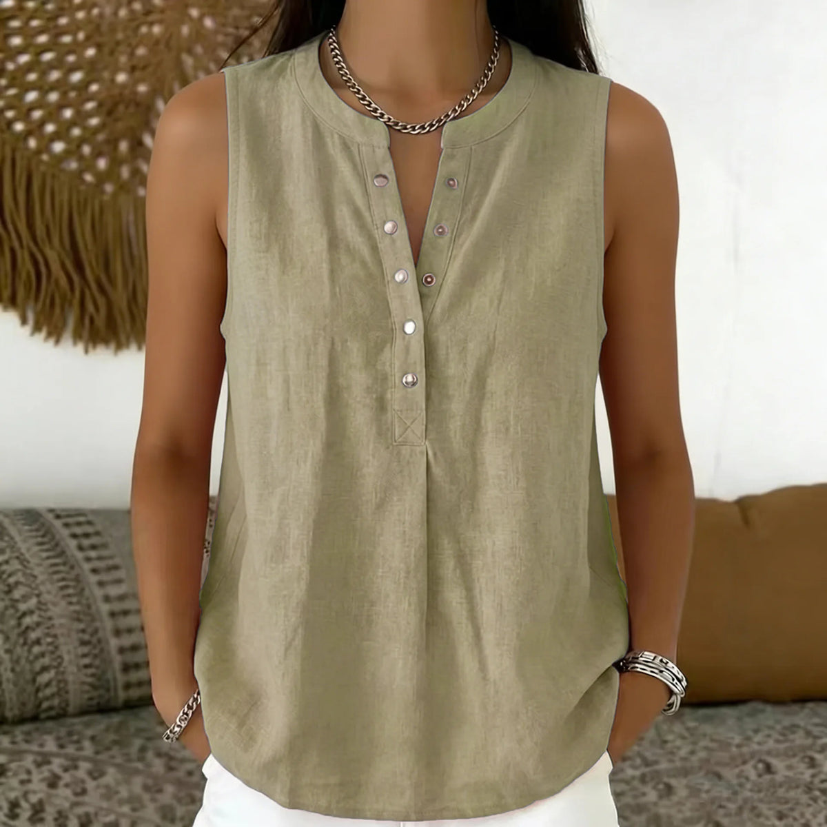 Blouse Emily™ Cotton-Linen with Round Neckline, Button-Front Detail and Sleeveless Cut