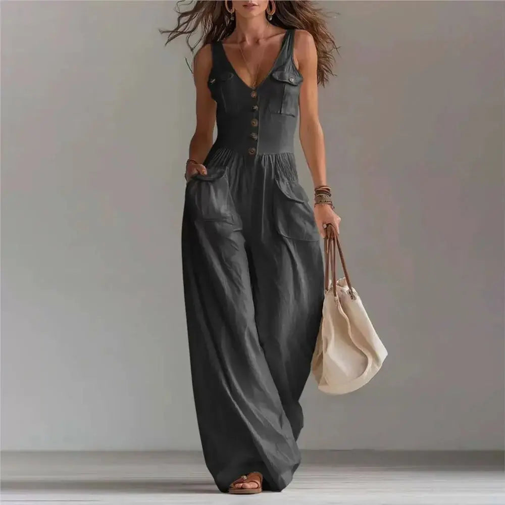 Jumpsuit Marvella™ with V-Neck, Front Buttons and Utility Pockets