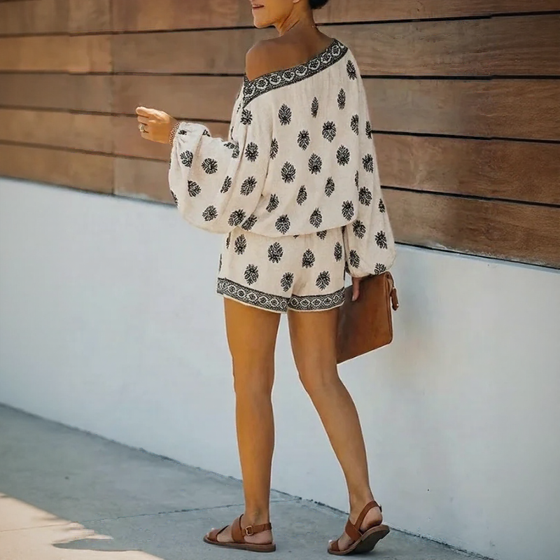 Maravie™ Romper With Off-the-Shoulder Neckline And Boho Chic Print
