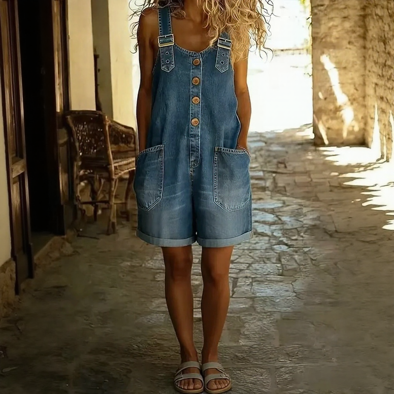 Lunessa™ Denim Romper with Adjustable Overall Straps and Front Patch Pockets