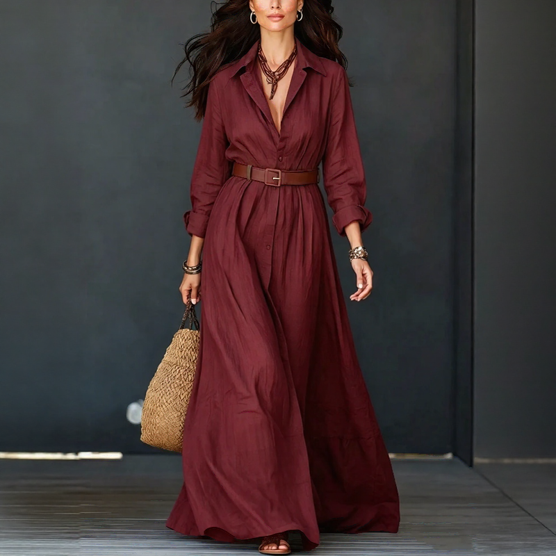 Delfina™ Dress with Elegant Collar, Minimalist Buttons and Complimentary Belt