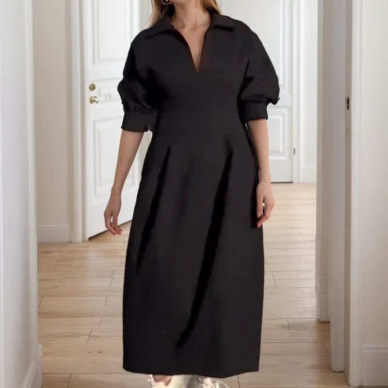 Ravenna™ Dress with Chemise Neck and Structured Midi Fit / Where Minimalism Meets Urban Elegance!