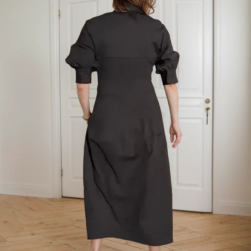 Ravenna™ Dress with Chemise Neck and Structured Midi Fit / Where Minimalism Meets Urban Elegance!
