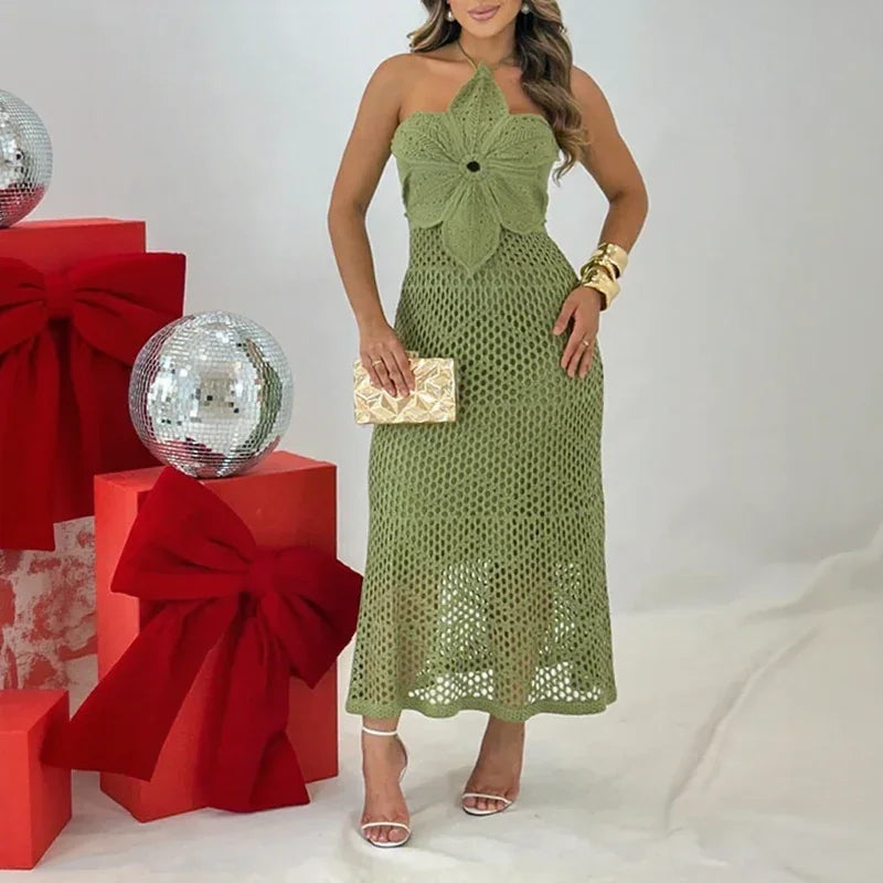 Solenne™ Openwork Knit Dress with Flower Detail / Handcrafted Charm that Brightens Your Summer!