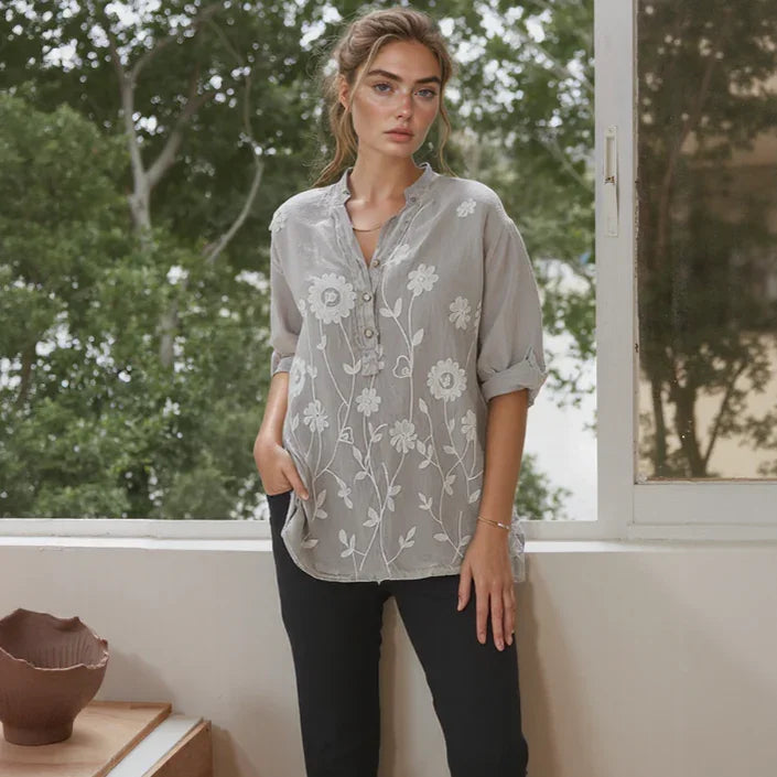 Raniero™ Blouse in Cotton Linen with Delicate Floral Embroidery / Handcrafted Sophistication that Transforms Casual into Elegant!