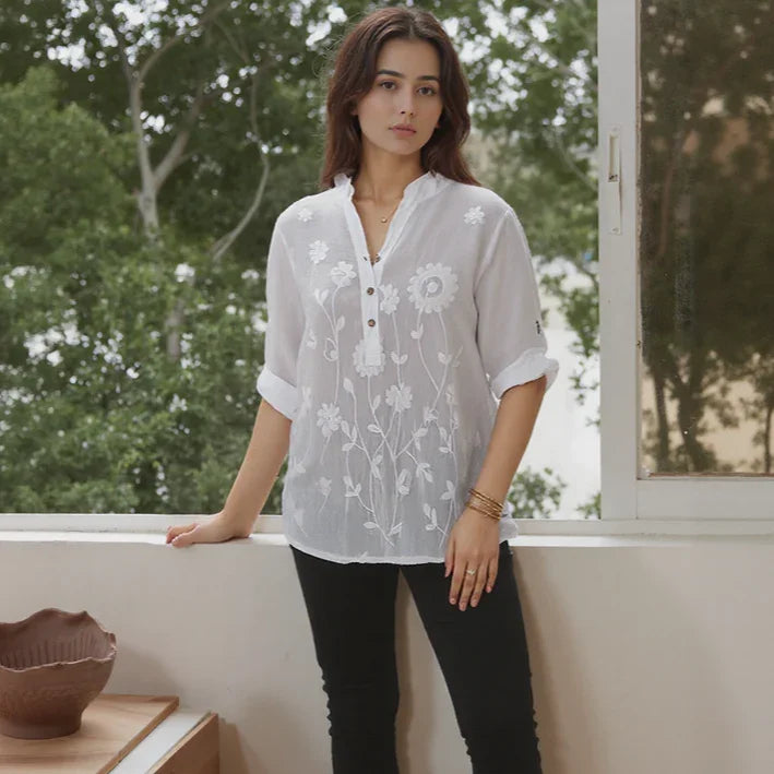 Raniero™ Blouse in Cotton Linen with Delicate Floral Embroidery / Handcrafted Sophistication that Transforms Casual into Elegant!