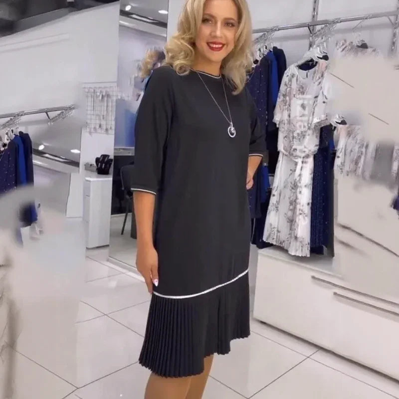 Belle Plissé™ Dress with 3/4 Sleeves and Pleated Hem / Elegant Minimalism that Lengthens and Enhances!