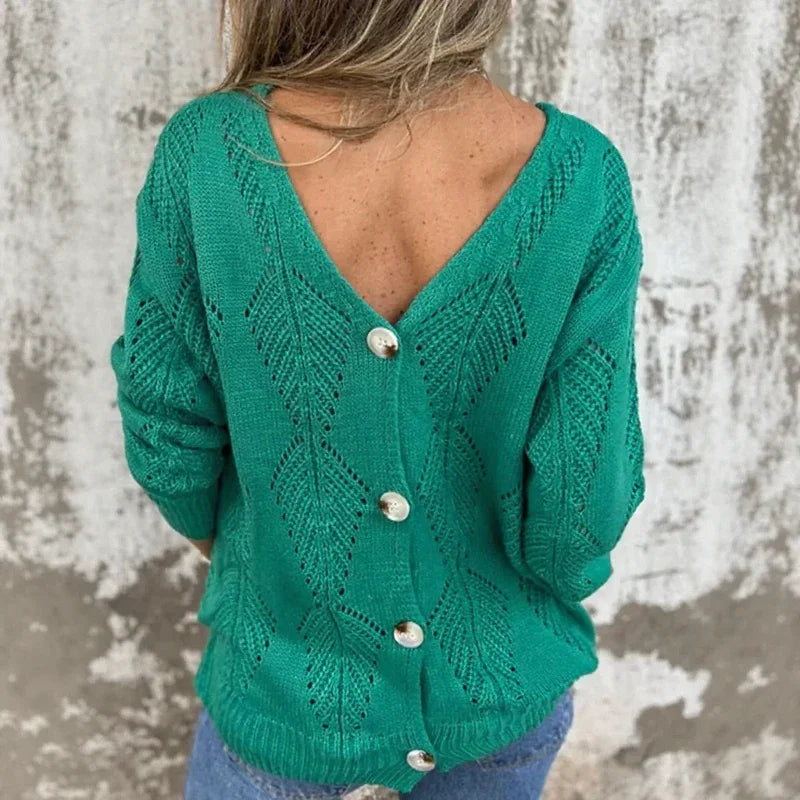 Vivienne™ Open-Knit Reversible Sweater with Double V-Neck and Button Detail / The Open-Knit Touch that Combines Comfort and Sophistication!