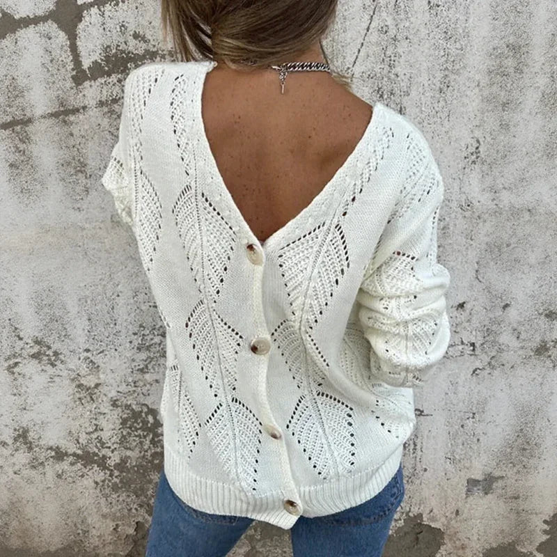 Vivienne™ Open-Knit Reversible Sweater with Double V-Neck and Button Detail / The Open-Knit Touch that Combines Comfort and Sophistication!