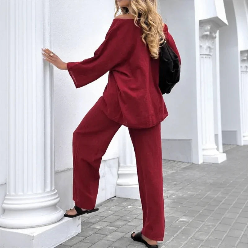 Stephanie™ Cotton Linen Set with Casual Blouse and Straight-Leg Pants / Modern Versatility at its Most Chic!