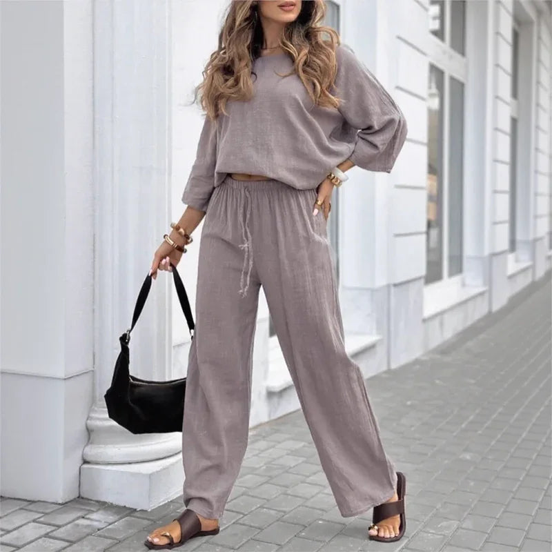Stephanie™ Cotton Linen Set with Casual Blouse and Straight-Leg Pants / Modern Versatility at its Most Chic!