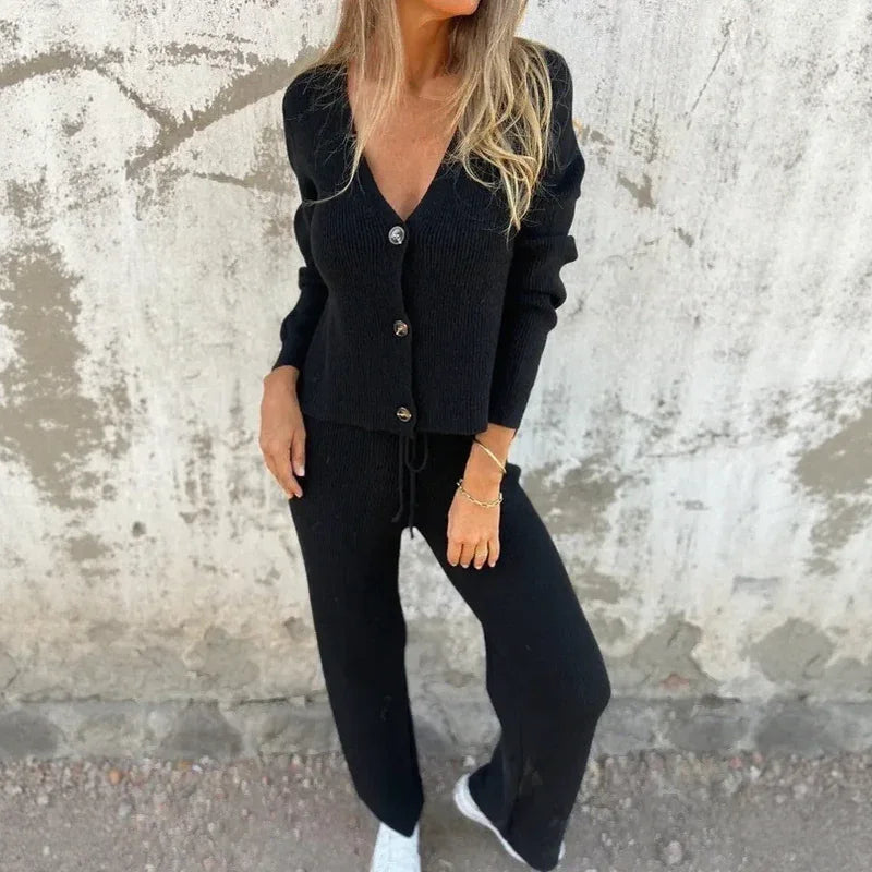 Allure™ Ribbed Knit Set with Button-Down Cardigan and High-Waisted Pants / Comfortable Sophistication from Dawn to Dusk!