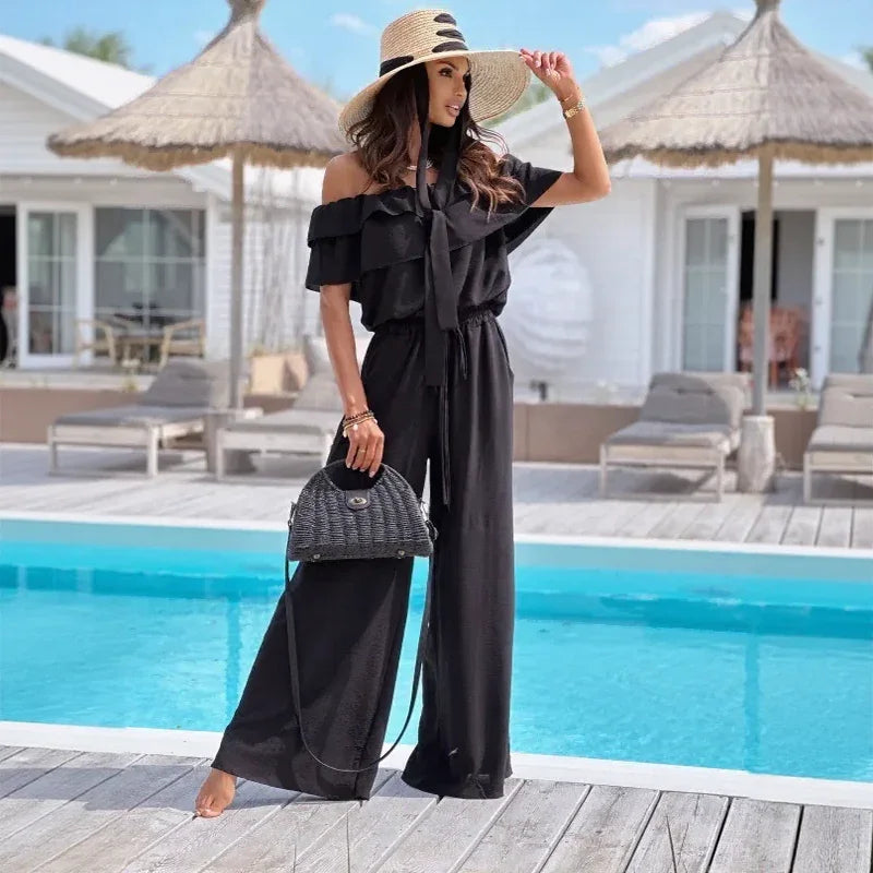 Sydney™ Off-the-Shoulder Jumpsuit with Ruffles and Flowing Pants / Visual Impact with Absolute Comfort!