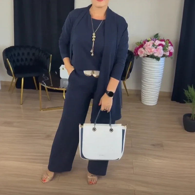 Evanna™ Set with Basic Blouse, Long Cardigan, and Perfect Fit Straight Leg Pants / Discreet Elegance that Inspires Confidence!