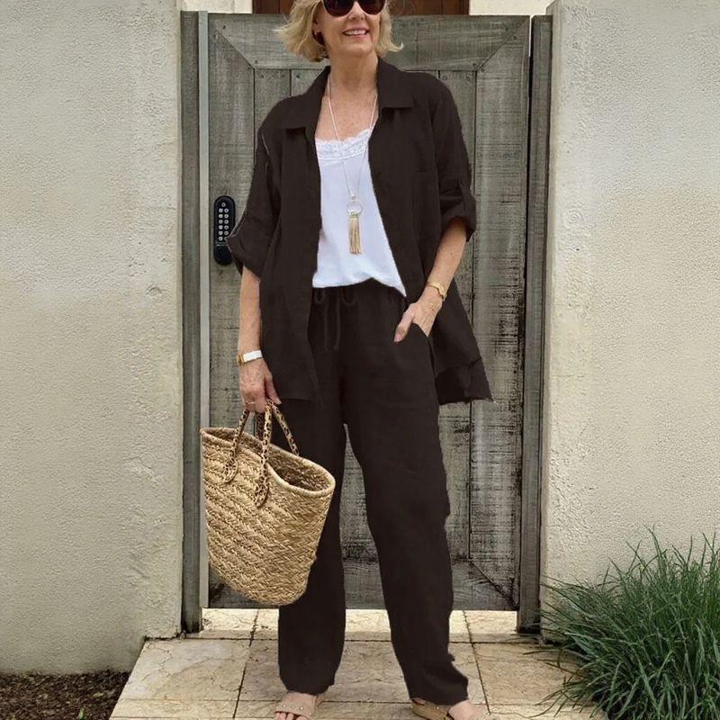 Yasmine™ Cotton-Linen Set with Adjustable-Sleeve Button-Up Shirt