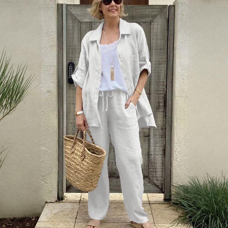 Yasmine™ Cotton-Linen Set with Adjustable-Sleeve Button-Up Shirt