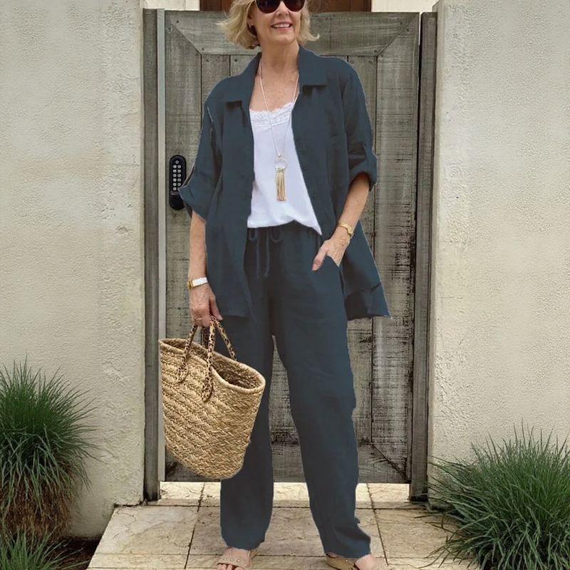 Yasmine™ Cotton-Linen Set with Adjustable-Sleeve Button-Up Shirt