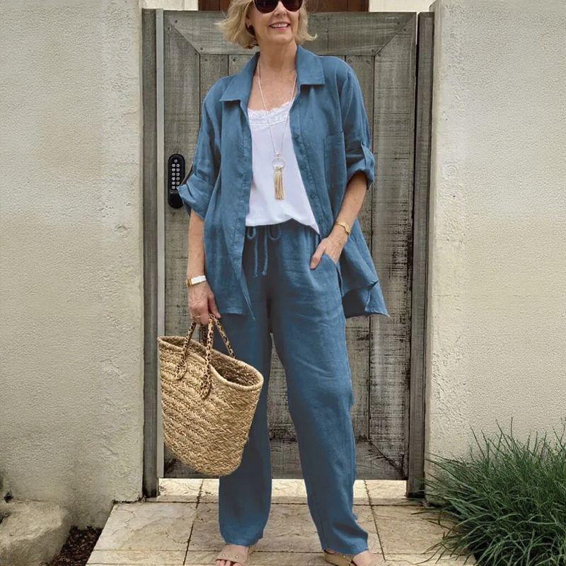 Yasmine™ Cotton-Linen Set with Adjustable-Sleeve Button-Up Shirt