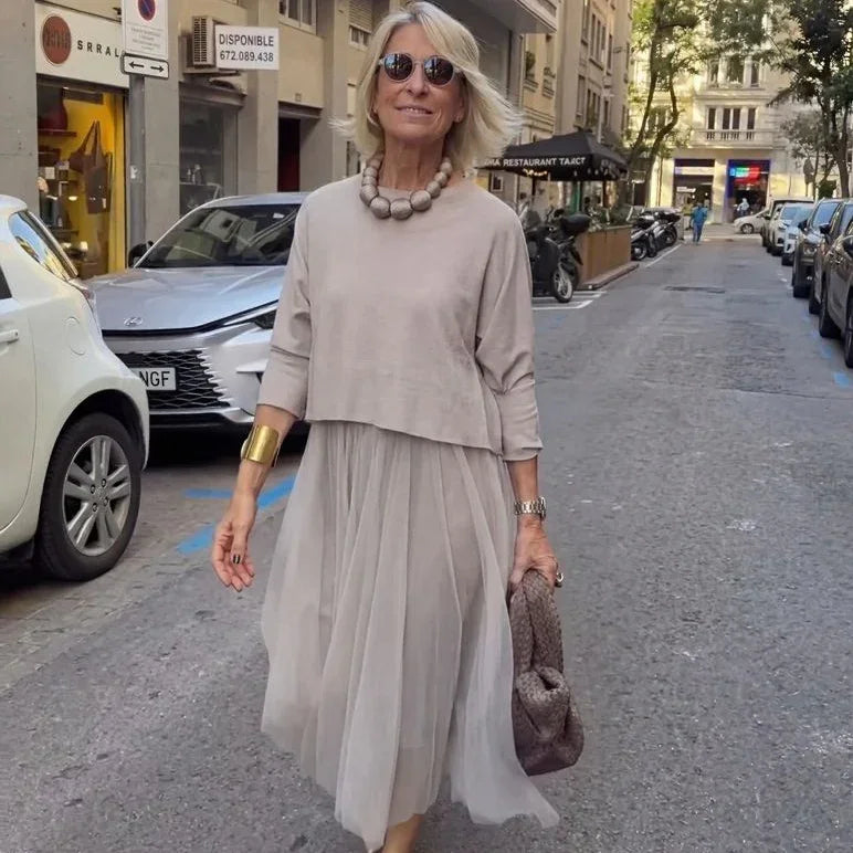 Yuna™ Pleated Midi Dress with 3/4 Sleeve Top Layer