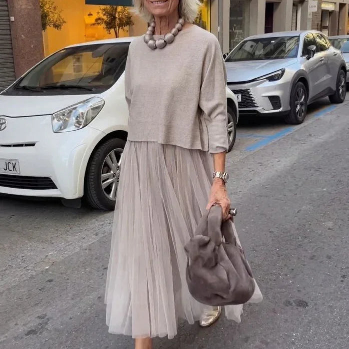 Yuna™ Pleated Midi Dress with 3/4 Sleeve Top Layer