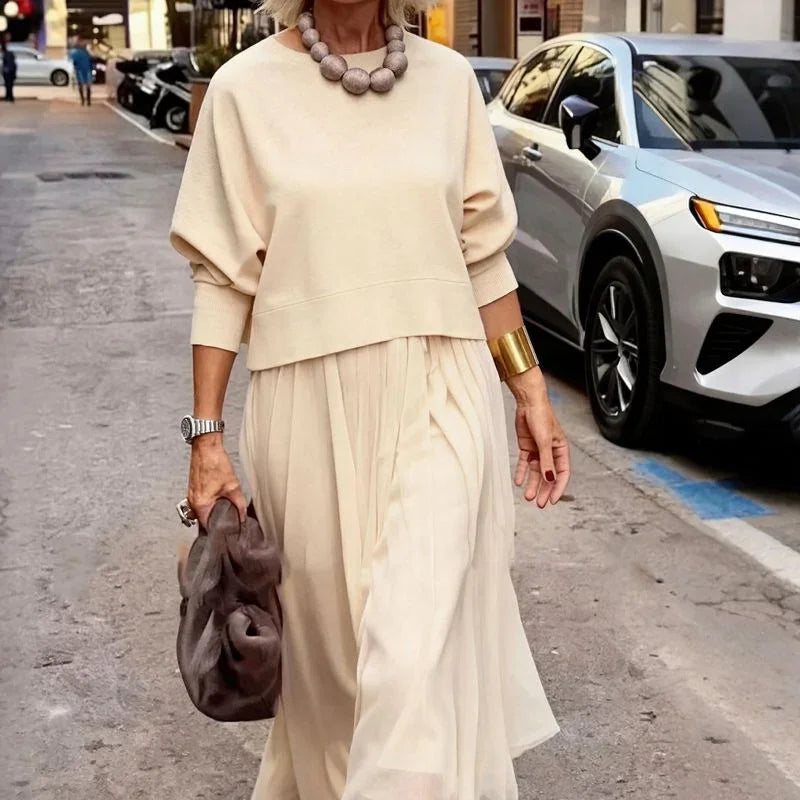 Yuna™ Pleated Midi Dress with 3/4 Sleeve Top Layer
