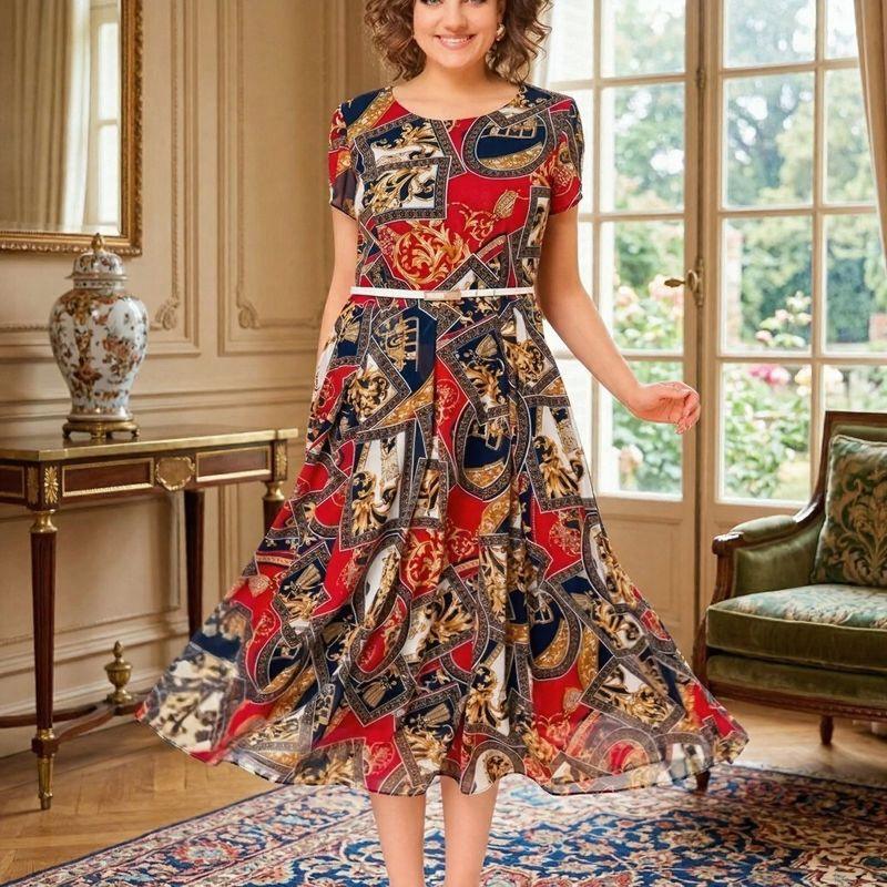 Malta™ Baroque Print Midi Dress + Free Belt