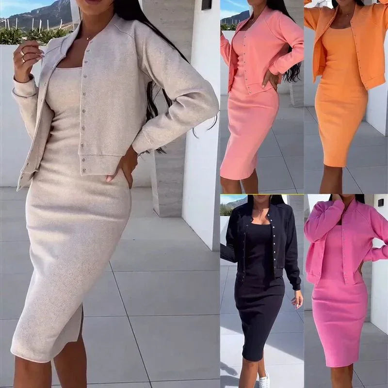 Mila™ Set with Midi Dress and Buttoned Cropped Cardigan