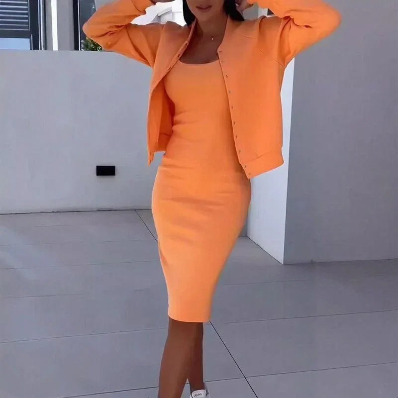 Mila™ Set with Midi Dress and Buttoned Cropped Cardigan