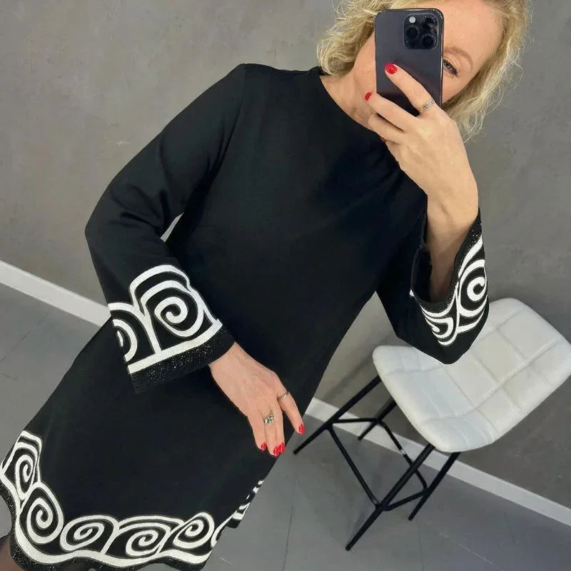 Iris™ Midi Dress with Greek Key Hem and Ornate Cuffs