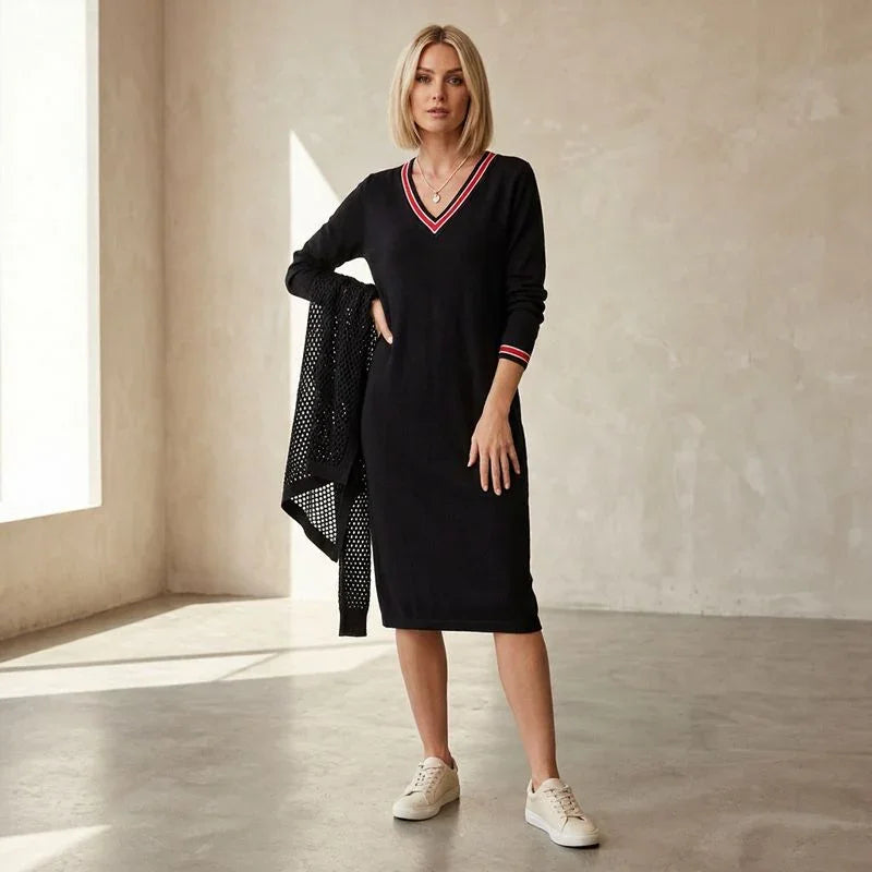 Freya™ Midi Dress with Contrast V-Neck and Sport-Chic Pockets