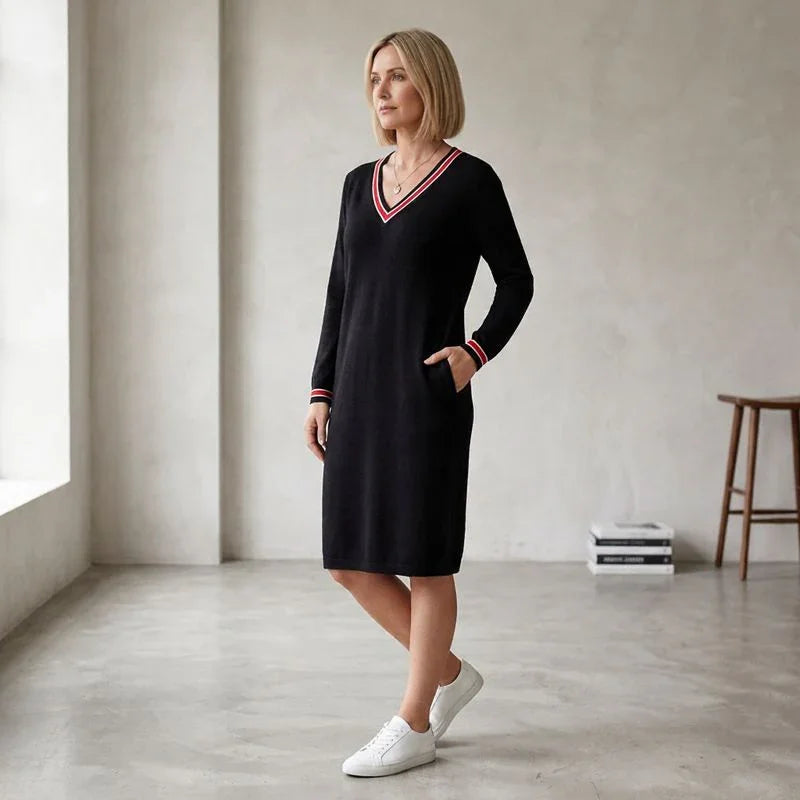 Freya™ Midi Dress with Contrast V-Neck and Sport-Chic Pockets