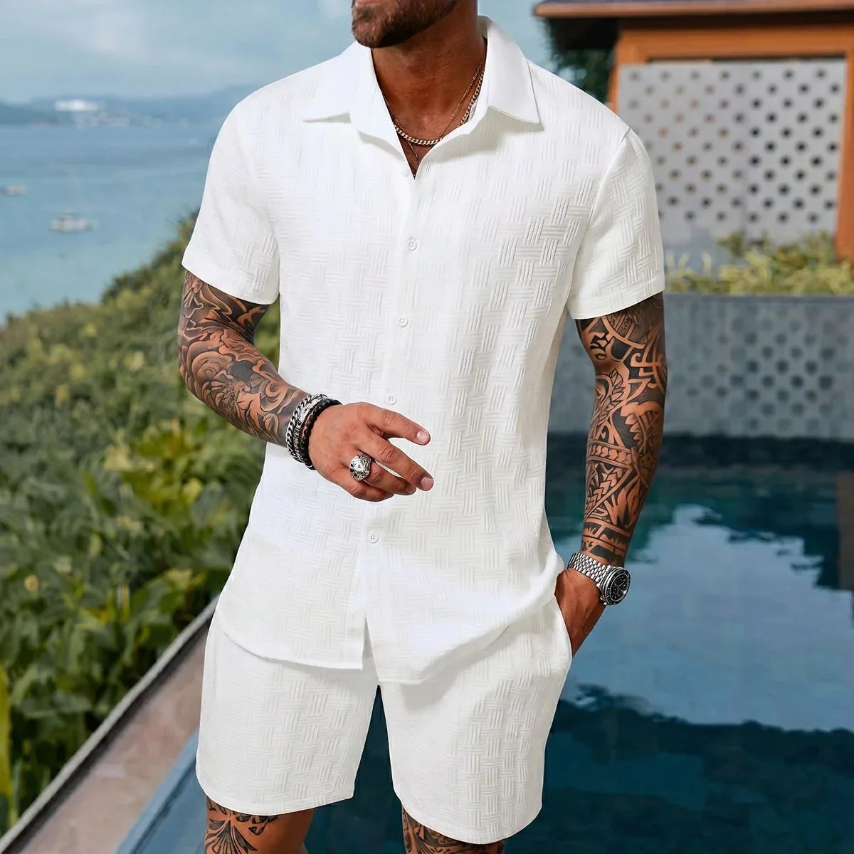 Hugo™ Premium Textured Fabric Set with Button-Up Shirt