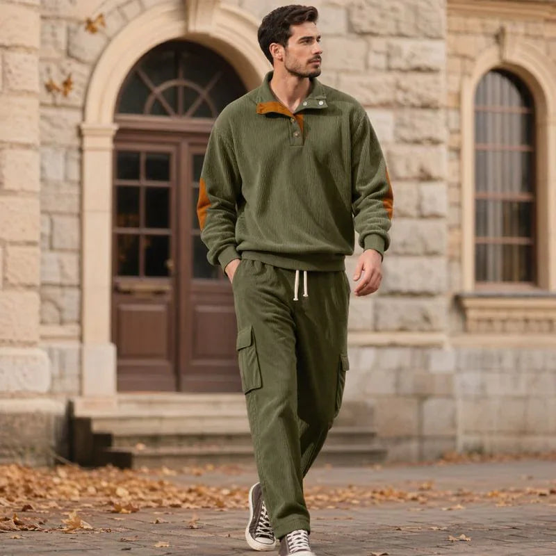 Lars™ Premium Textured Knit Set with Button-Up Mock Neck Top