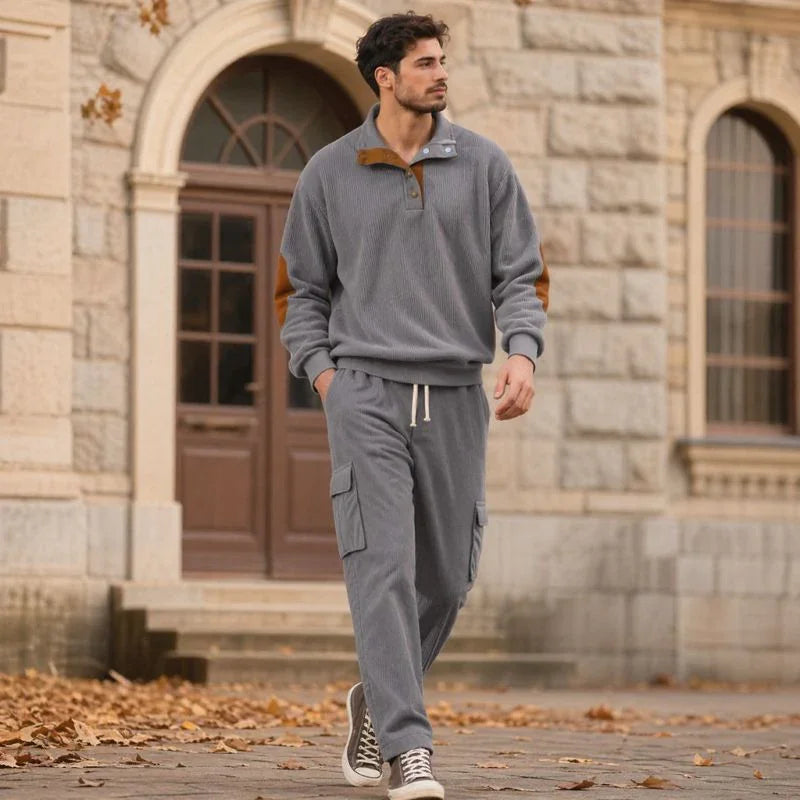 Lars™ Premium Textured Knit Set with Button-Up Mock Neck Top