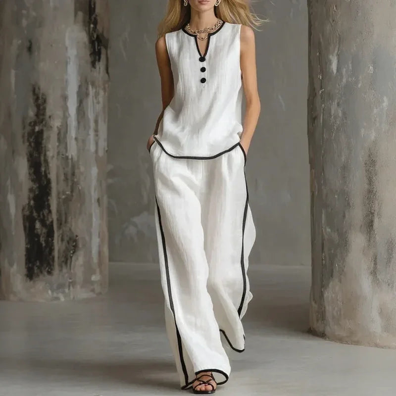 Elira™ Cotton-Linen Set with Contrasting Trim