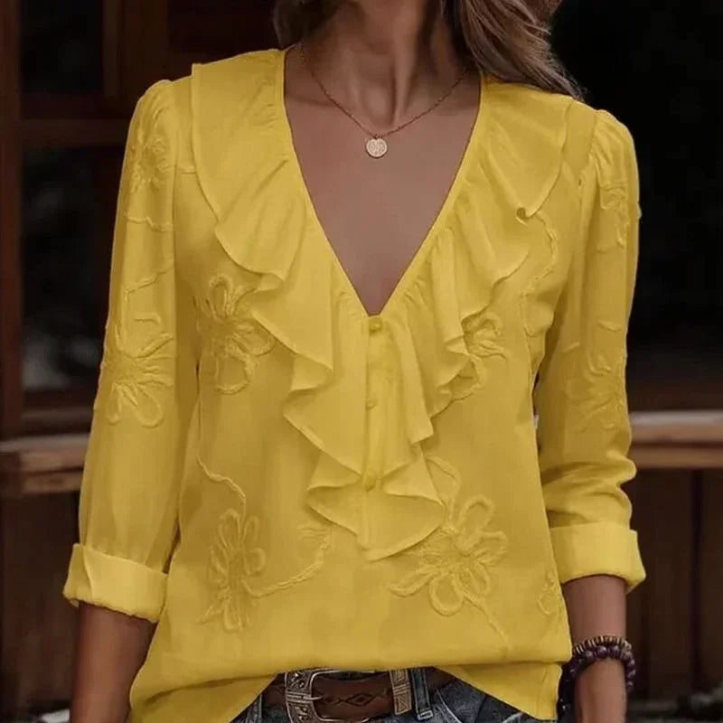 Anneliese™ V-Neck Blouse with Front Ruffles and Floral Embroidery