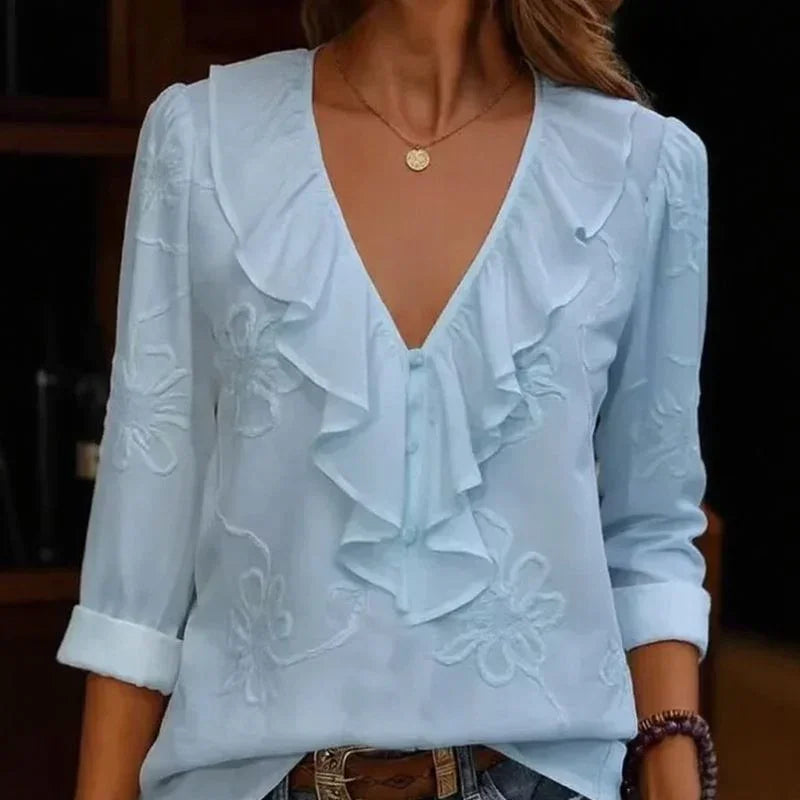 Anneliese™ V-Neck Blouse with Front Ruffles and Floral Embroidery