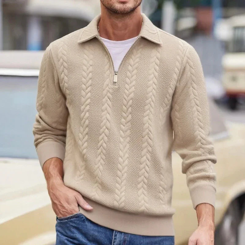 Carlisle™ Sweater in Premium Cable-Knit with Polo Collar and Metal Zipper