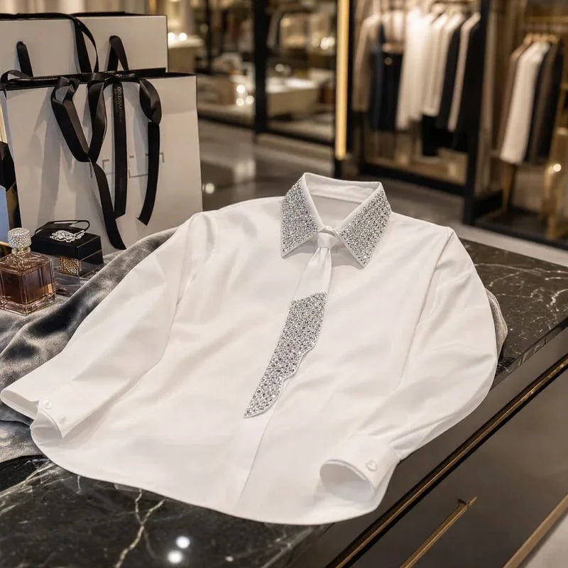 Louise™ Long Sleeve Shirt with Tie Neck and Sparkling Rhinestone Details
