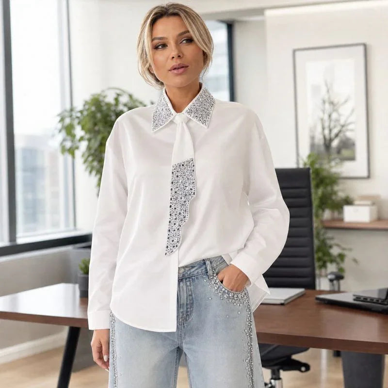 Louise™ Long Sleeve Shirt with Tie Neck and Sparkling Rhinestone Details