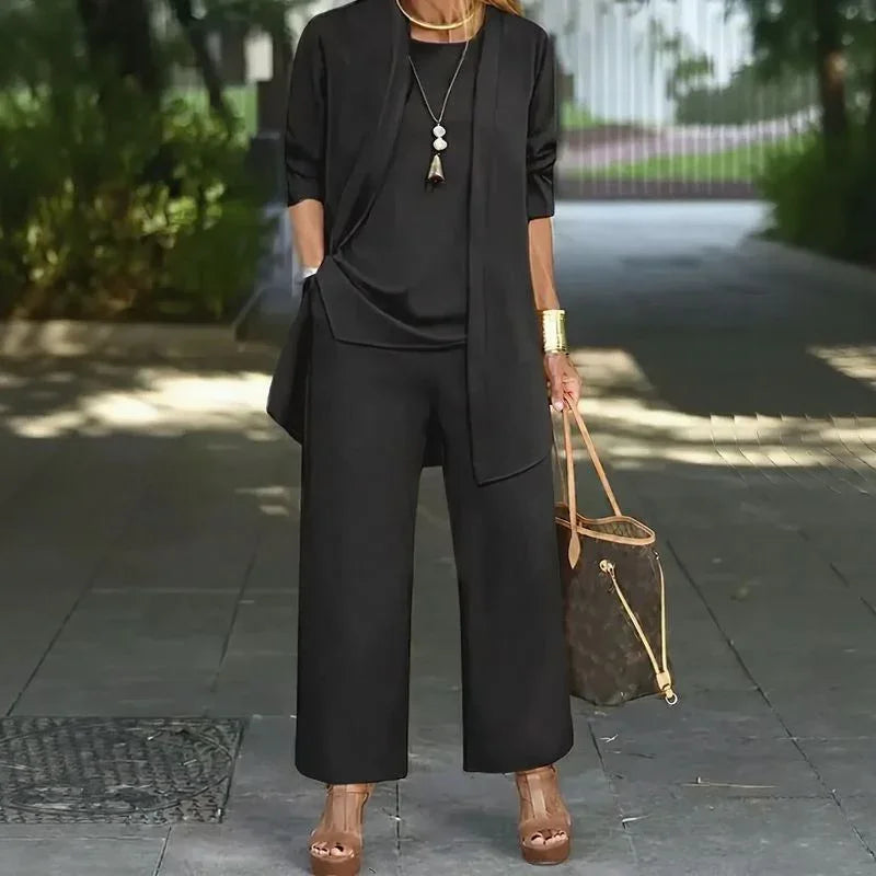 Jade™ Minimalist 3-Piece Set with Wide-Leg Pants and Long Cardigan