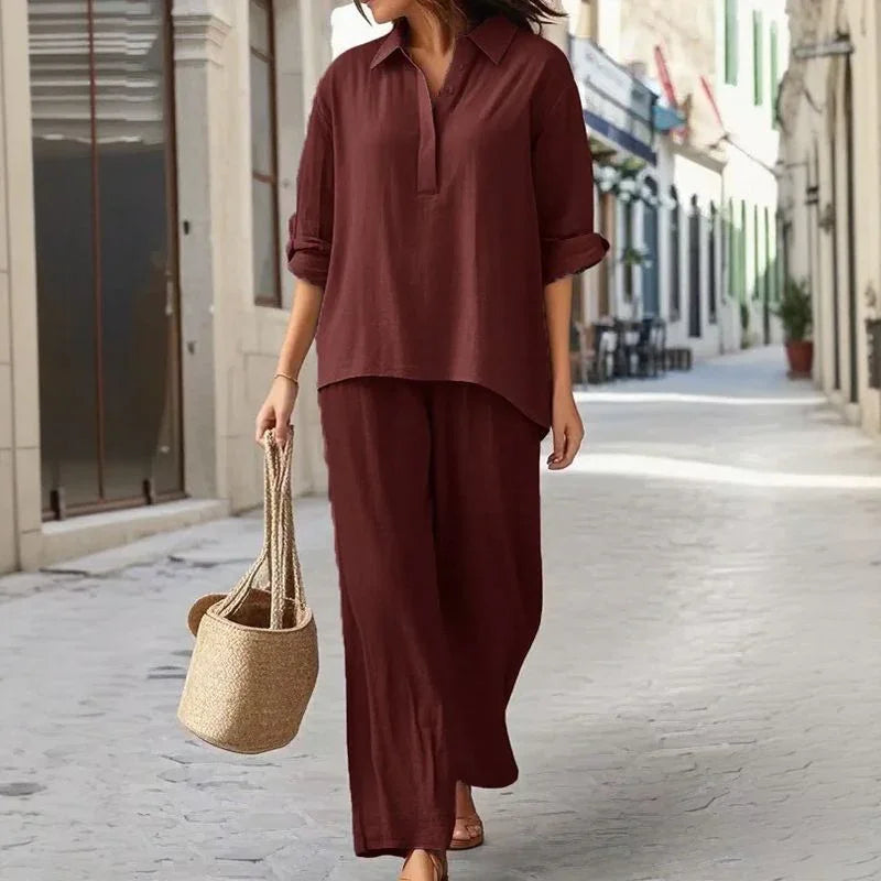 Karin™ Set Long-Sleeve Shirt with Buttoned V-Neck and Wide-Leg Palazzo Pants