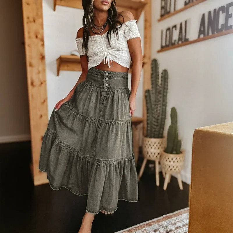 Belle Prairie™ Washed Denim Skirt With Flowing Tiered Layers