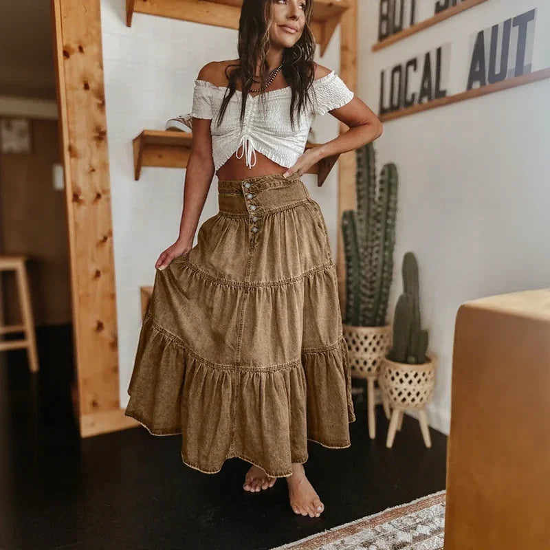 Belle Prairie™ Washed Denim Skirt With Flowing Tiered Layers
