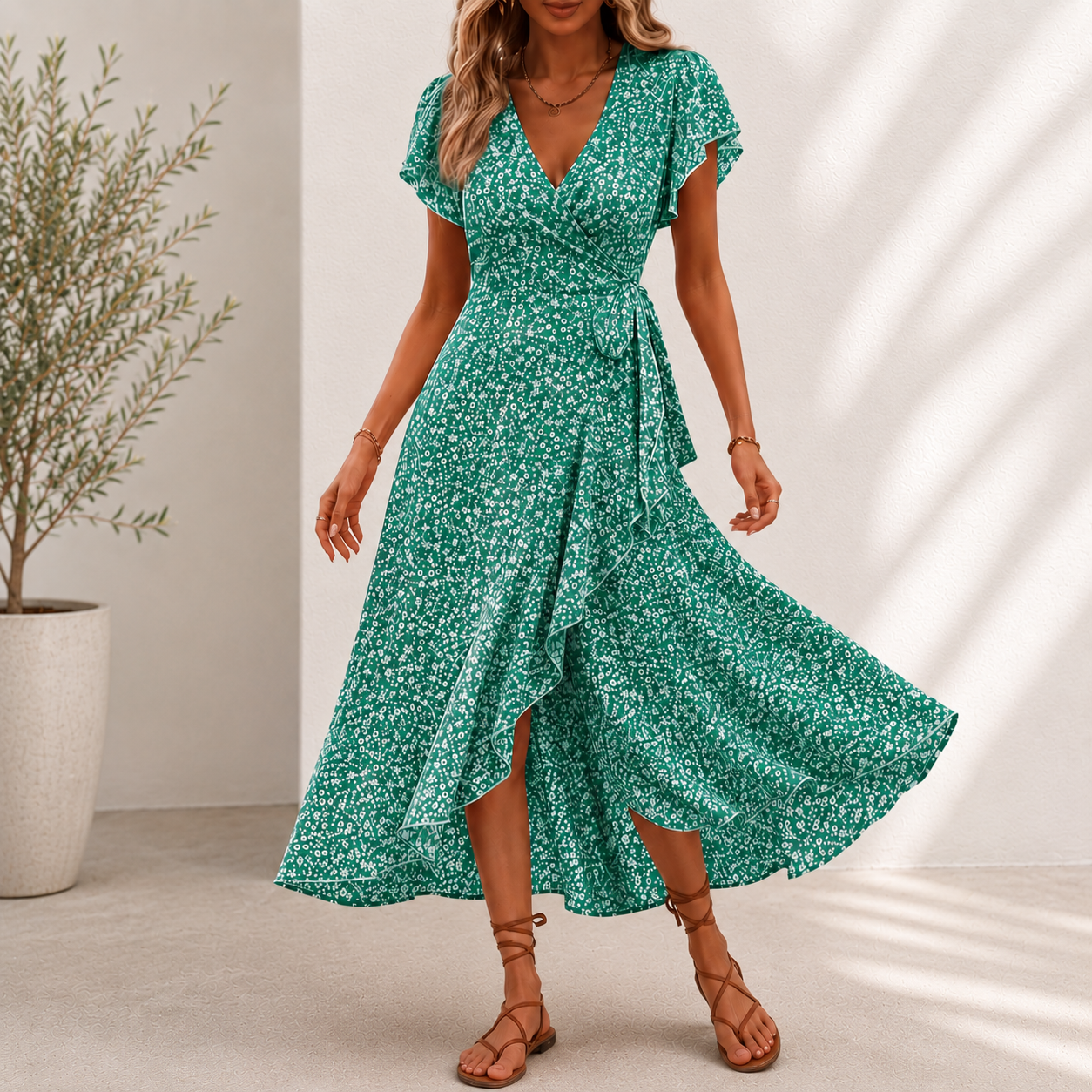 Midi Roselyn™ Dress with Floral Print, Wrap A-Line Skirt and V-Neck